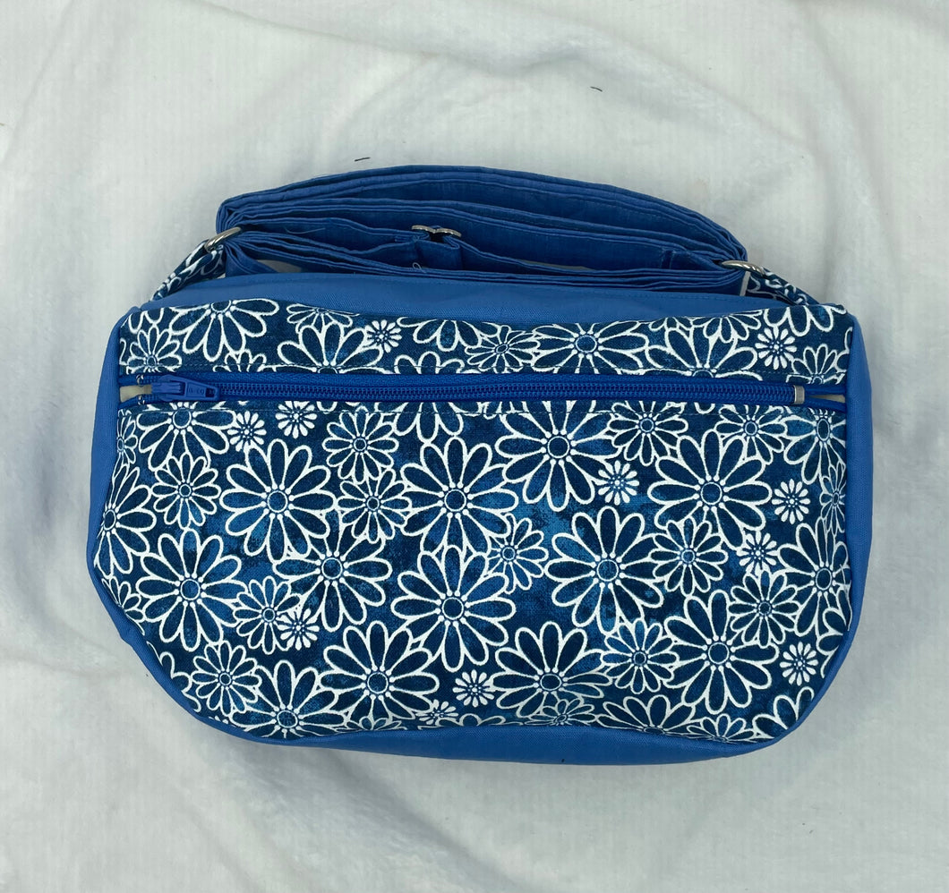 Blue Daisy Boho Bitty Bag with outside zipper pocket