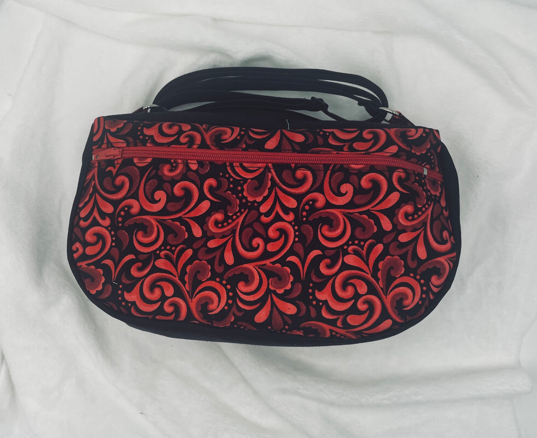 Red and Black Boho Bitty Bag with outside zipper pocket